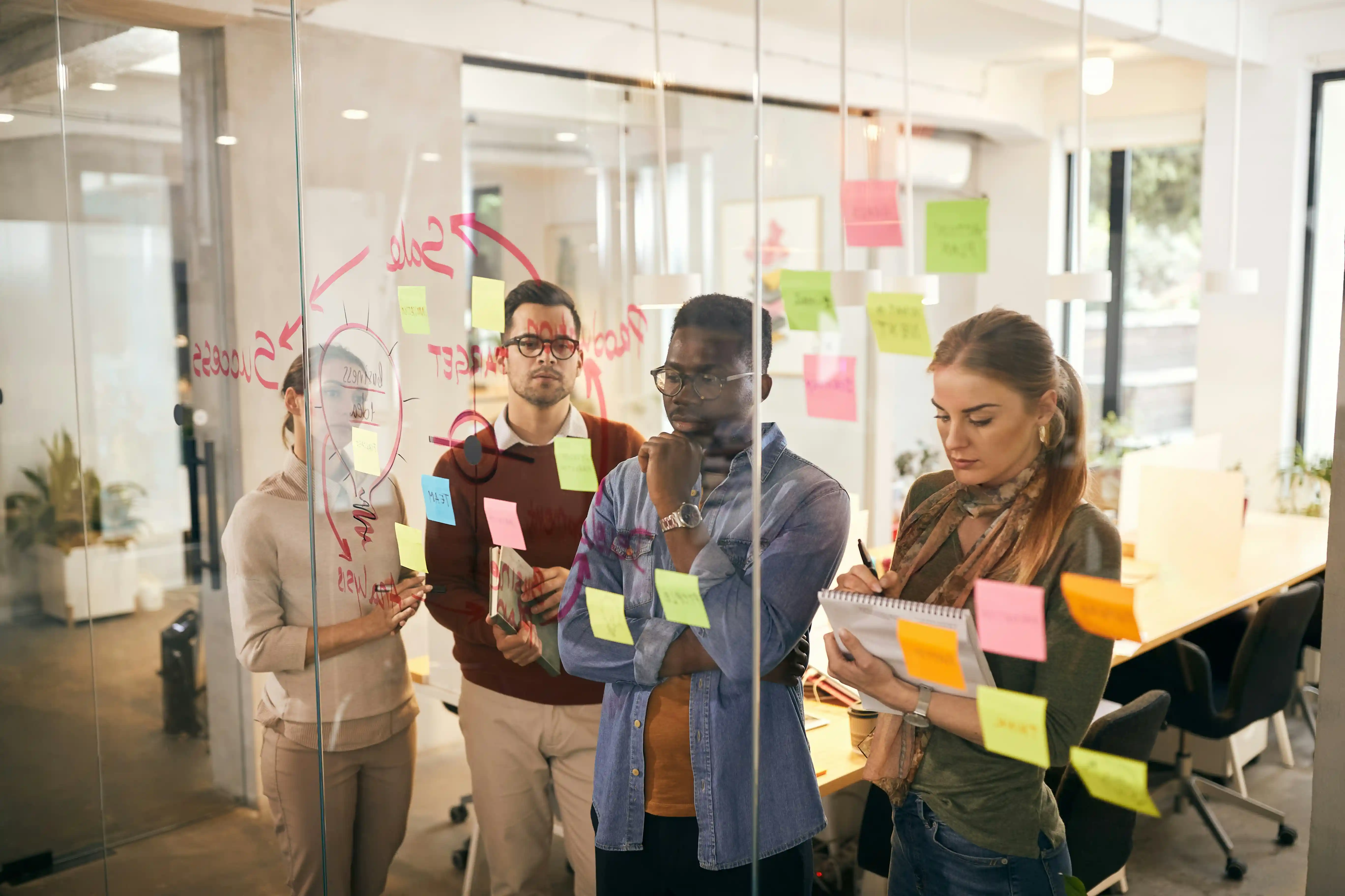 Mitarbeiter arbeiten an Wand mit Post-Its und clustern